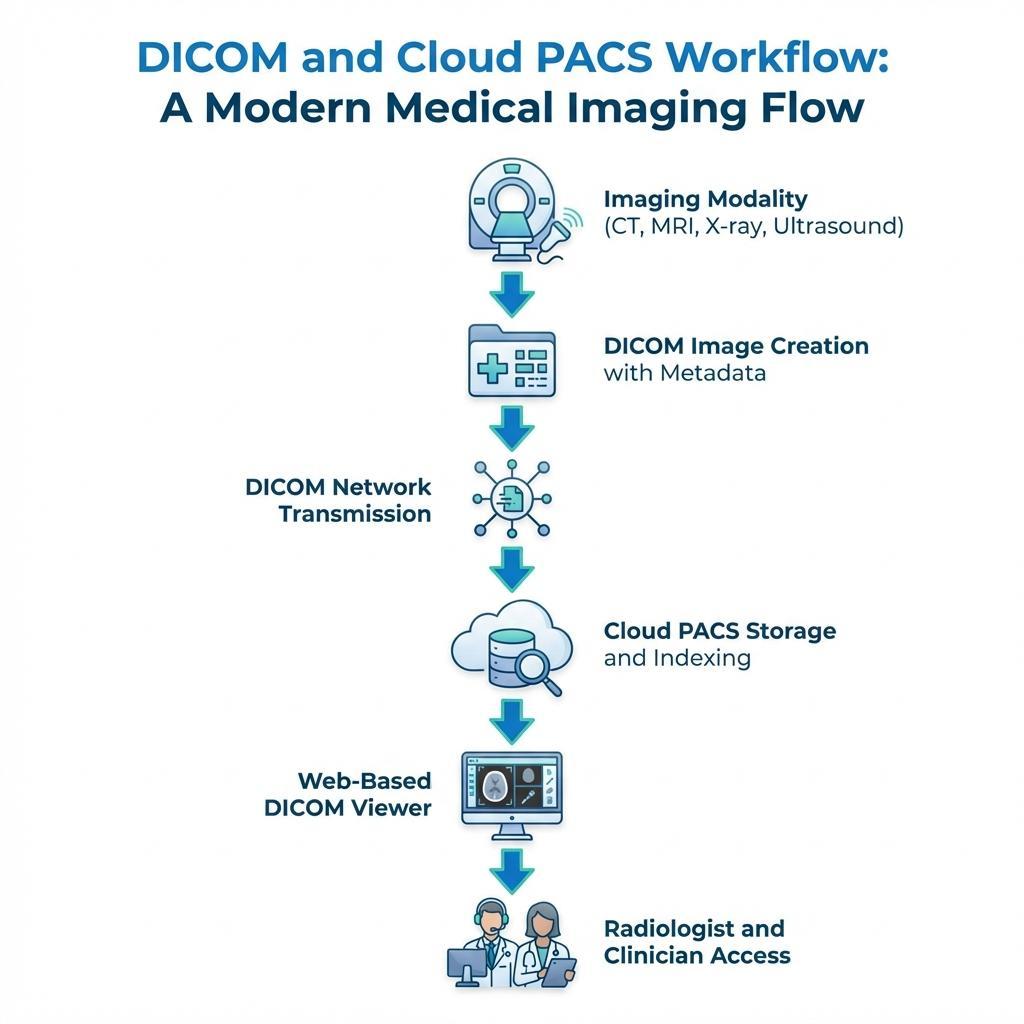 DICOM-zu-PACS-Workflow-Diagramm, das den Datenfluss medizinischer Bilder von der Modalität zum Cloud PACS und den klinischen Zugriff zeigt